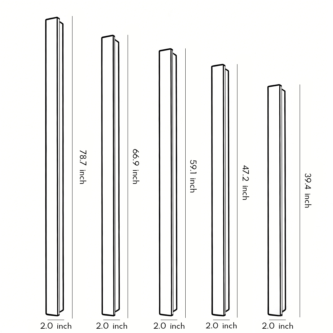 Product size diagrams for five specifications of black linear wall lights.