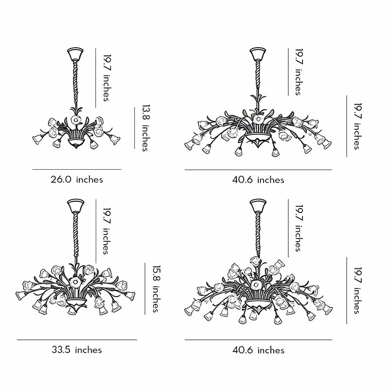 Product size charts for four sizes of vintage floral chandelier.