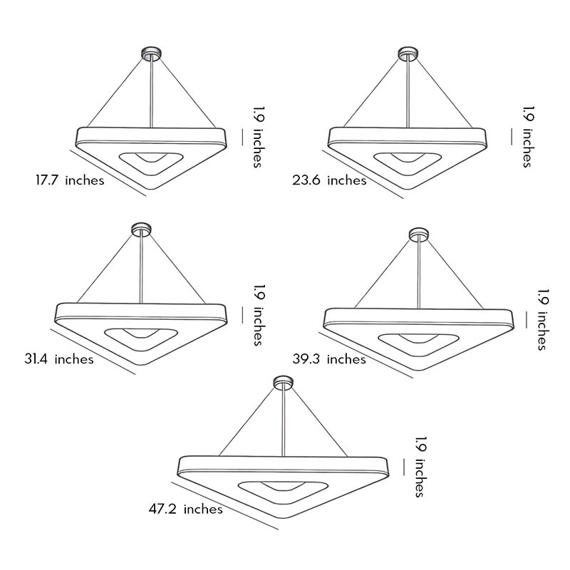 Product size charts for five specifications of Black Modern Chandeliers.