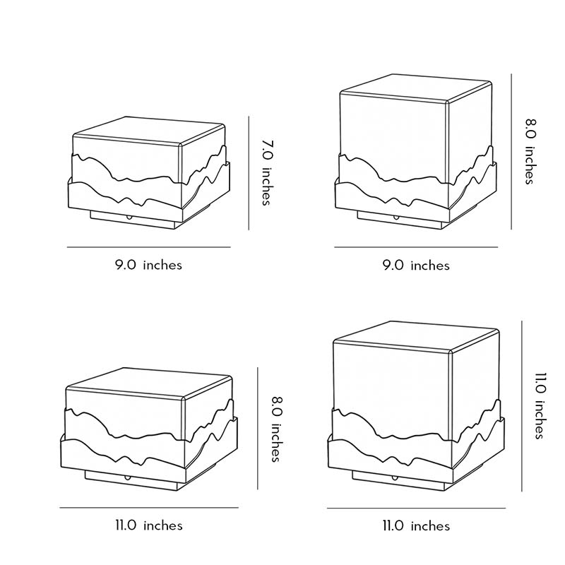 Product size diagrams for four sizes of Square landscape light.