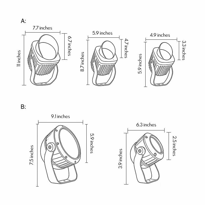 Product size charts for five Tree Spotlight models.