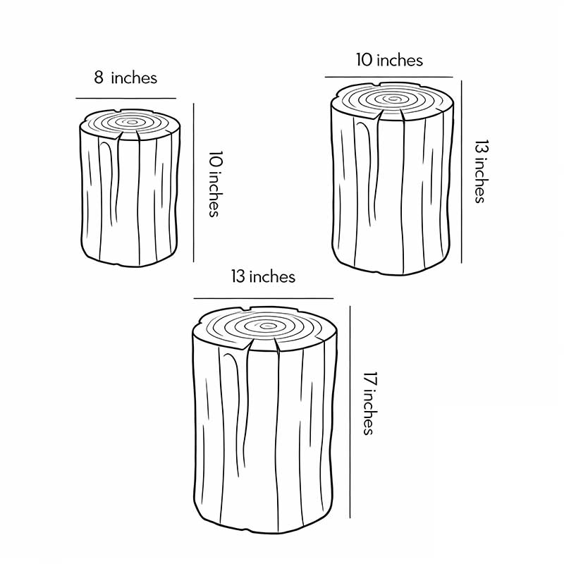 Product size diagrams for three sizes of tree stump lamp.