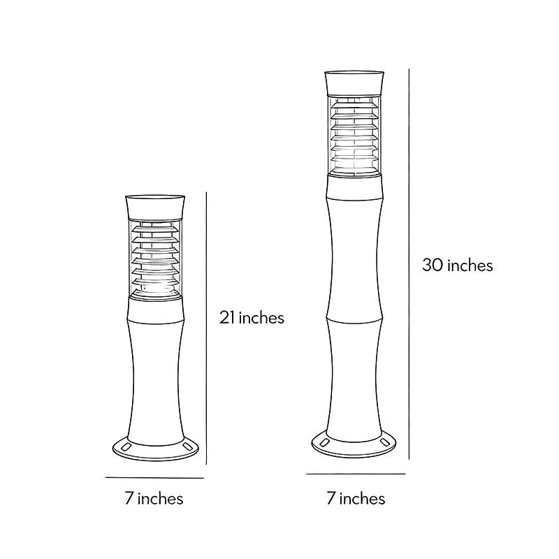 Product size diagrams for two Black Bollard Garden Lights models.