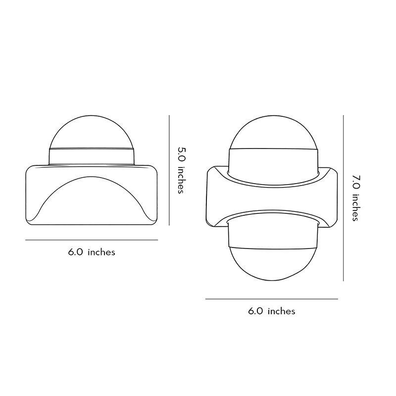 Product dimension diagrams for two modern double-head wall sconces.