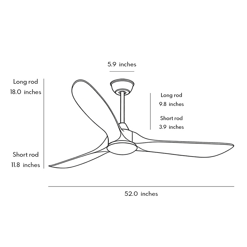 Product dimension diagram of modern wood ceiling fan with light 52.0inch * 11.8inch.