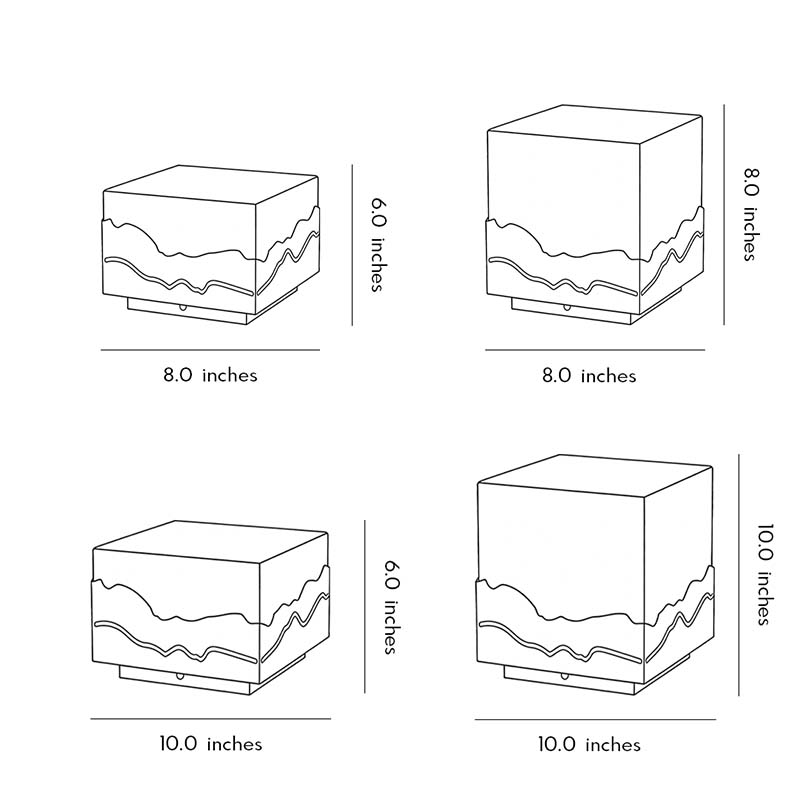 Product size diagrams for four sizes of Square landscape light.