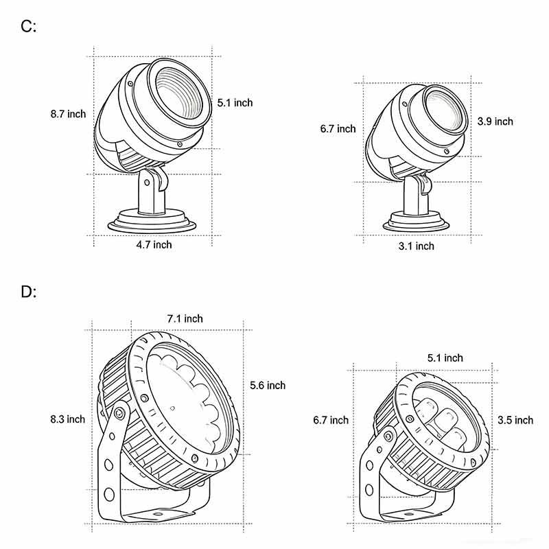 Product size charts for four Tree Spotlight models.