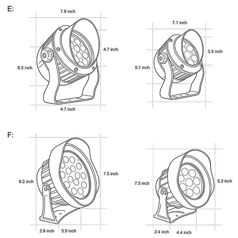 Product size charts for four Tree Spotlight models.