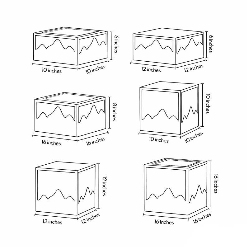 Product size diagrams for six sizes of square outdoor lights.