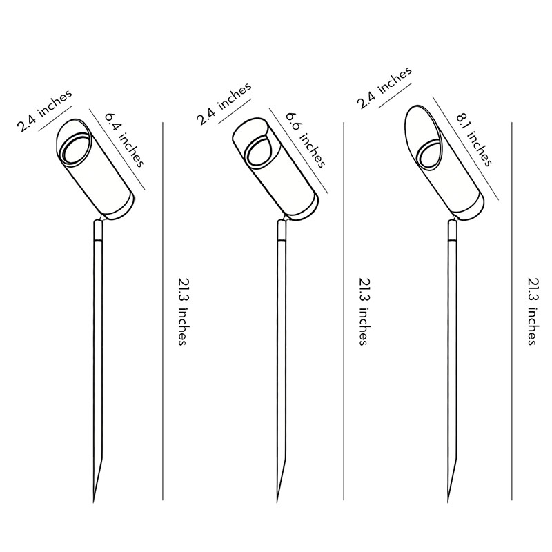 Product size diagrams for three specifications of adjustable landscape lighting.