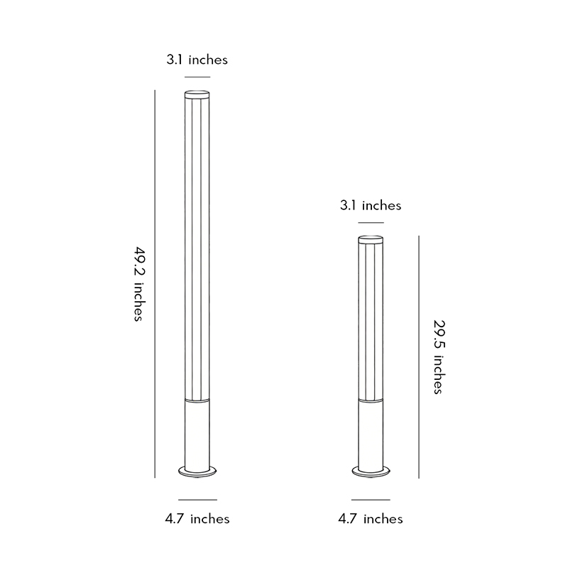 Product size diagrams for two types of landscape bollard lamps.