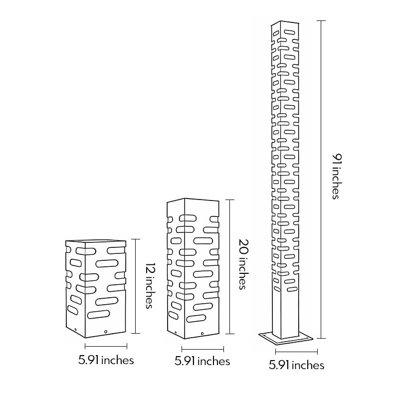 Product size diagrams for three different lengths of led garden bollard lights.