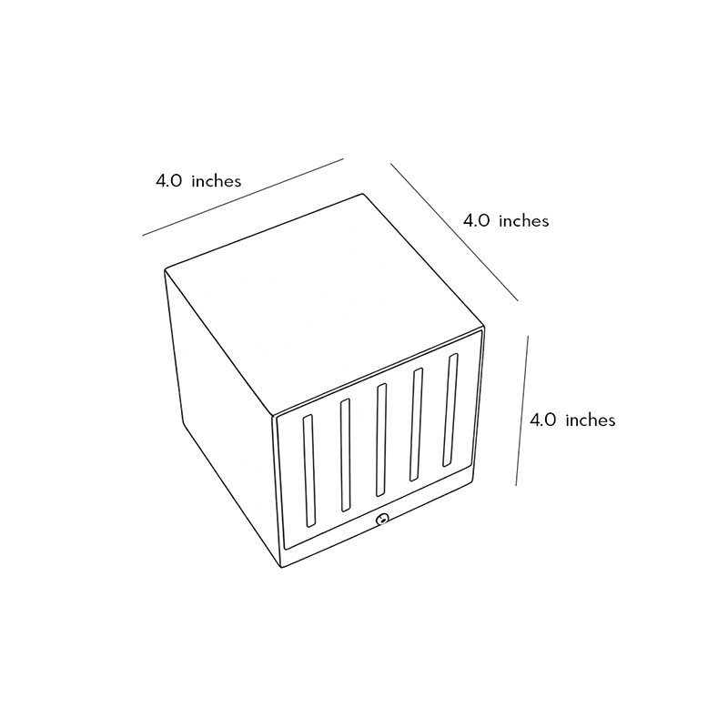 Product size diagrams for black square outdoor wall lights 4.0inch * 4.0inch * 4.0inch.