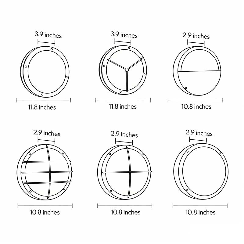 Product size diagrams for six types of outdoor ceiling lighting fixtures.