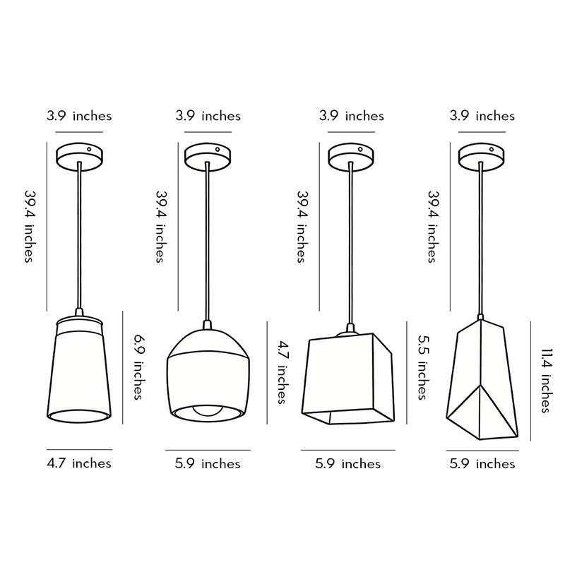 Product size diagrams for three different lampshades of the cement look pendant lights.