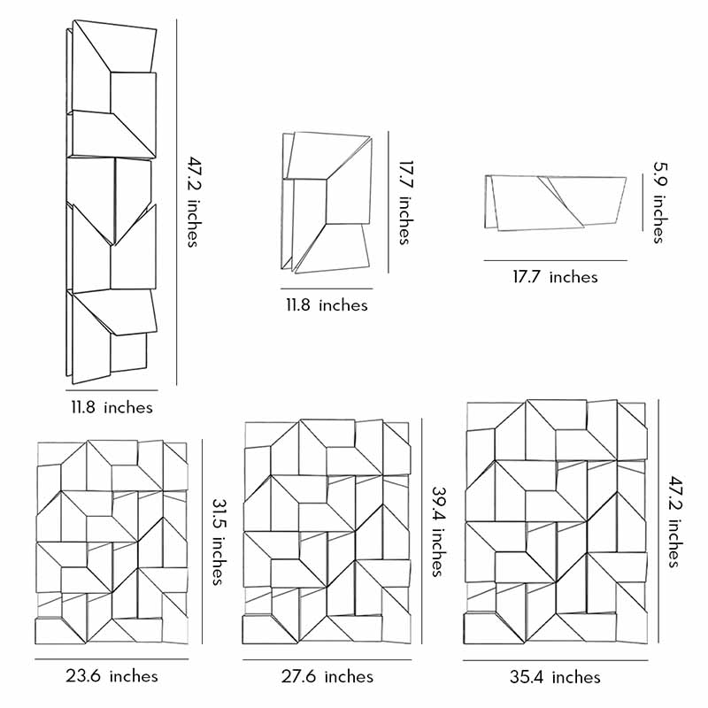 Six product size diagrams for Geometric Wall Sconce Lights.