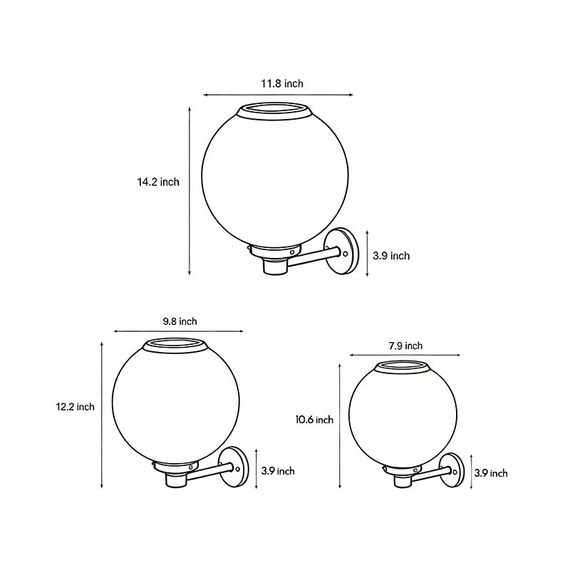 Product structure diagrams for three different styles of white outdoor globe wall sconces.