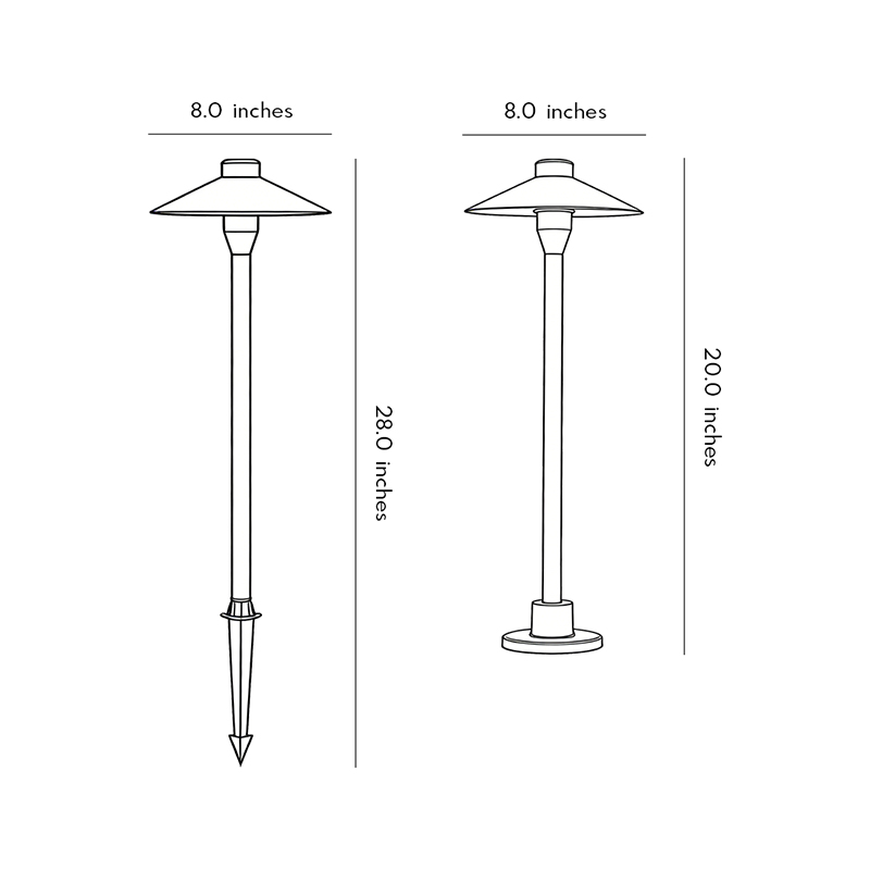 Product size diagrams for two different sizes of umbrella path lamps.