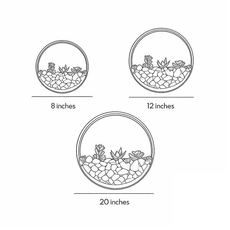 Product size diagrams for three different sizes of round plant wall lamps.
