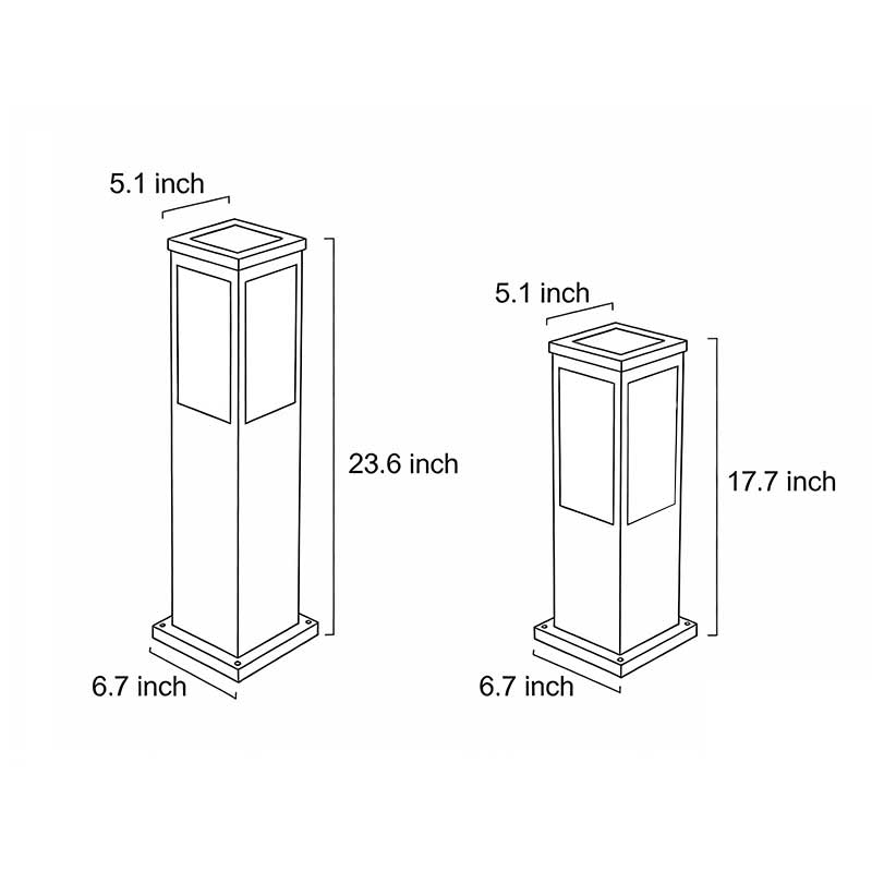 Product size diagrams for two different sizes of mainstays bollard pathway lights.