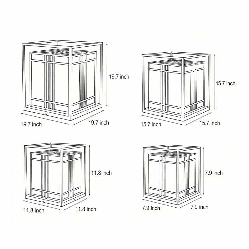 Four product structure diagrams for caged pillar lights.