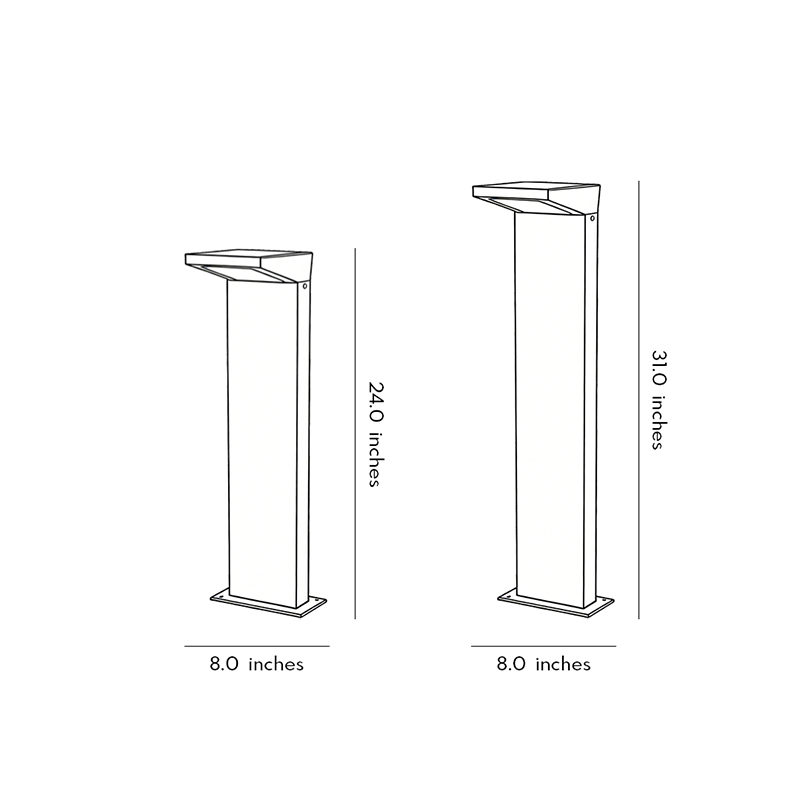 Product size chart of L bollard light at two different heights.