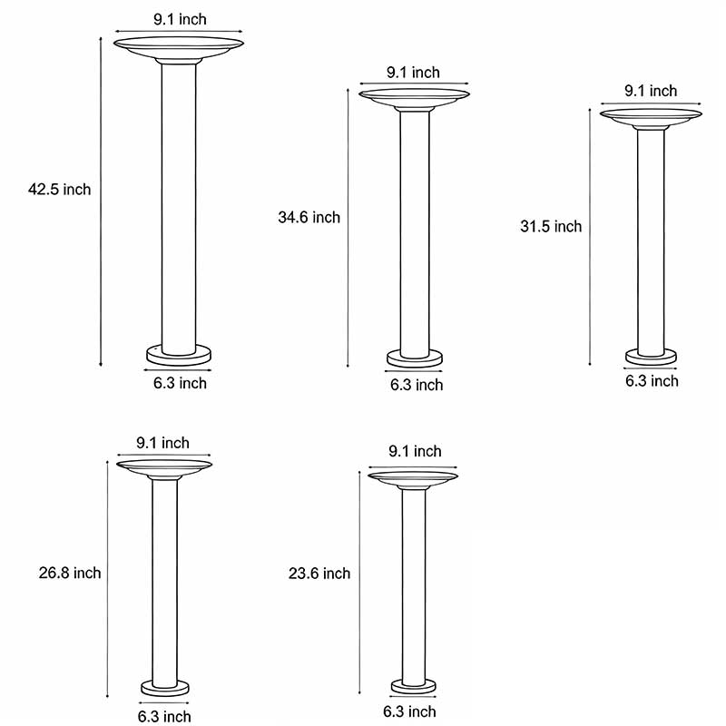 Product dimension diagrams for five different height models of outdoor bollards lighting.