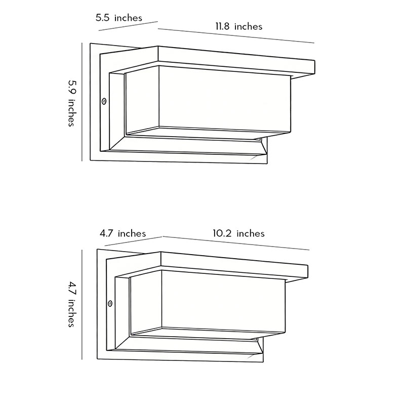Product size diagram of two different sizes of rectangular outdoor wall lights.