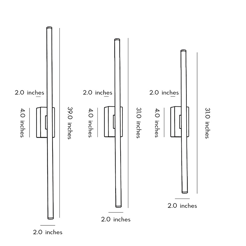 Product structure diagrams for three different styles of vertical wall lights.