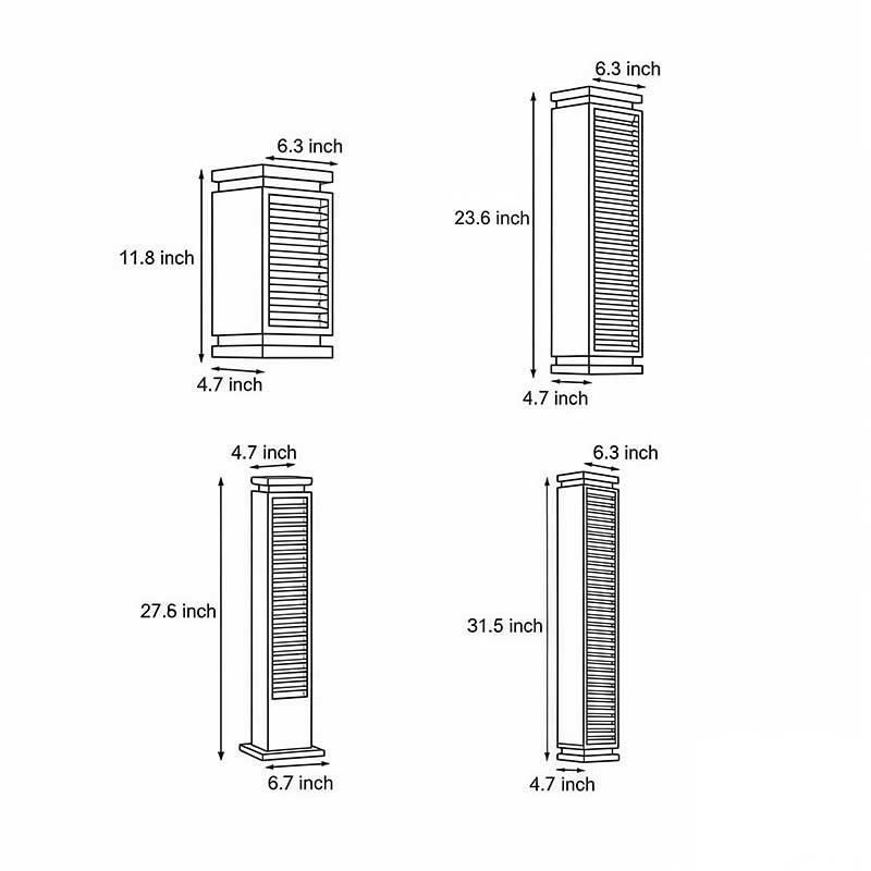Product size diagrams for four different height models of black bollard light.