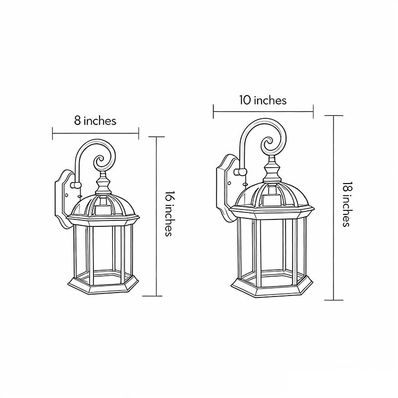 Product size diagram of two different sizes of classic outdoor wall lanterns.