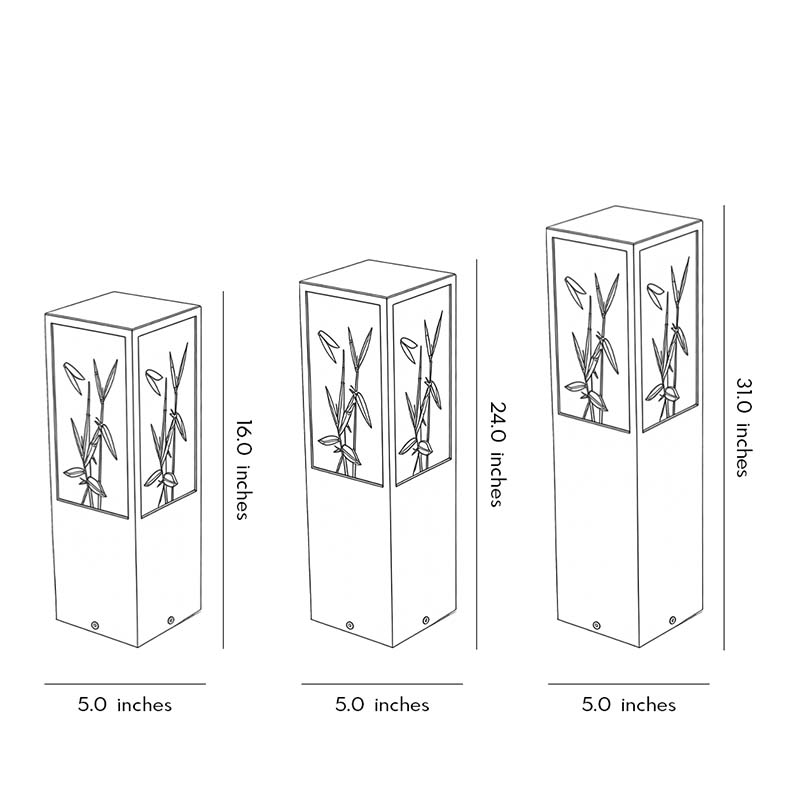 Product size diagrams for three different sizes of bollard pathway lights.