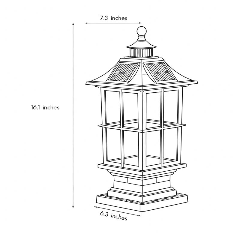 Product size diagrams for LED pillar lights 7.3inch * 6.3inch *16.1inch.