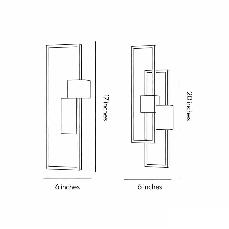 Product size diagrams for two different sizes of geometric wall sconce lights.