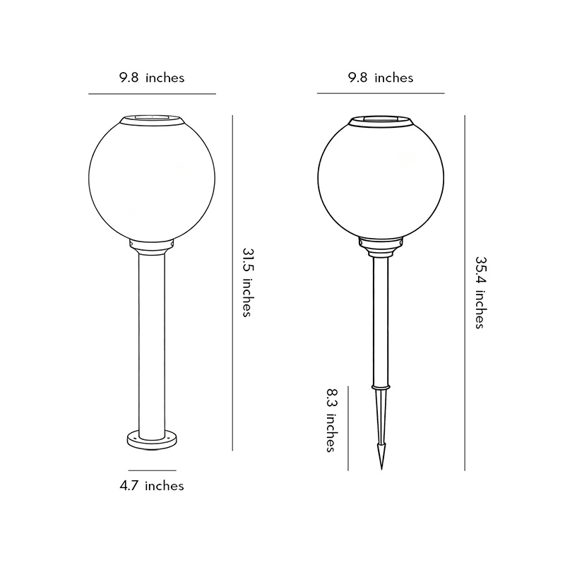 Product structure diagrams for two different styles of outdoor path light globes.