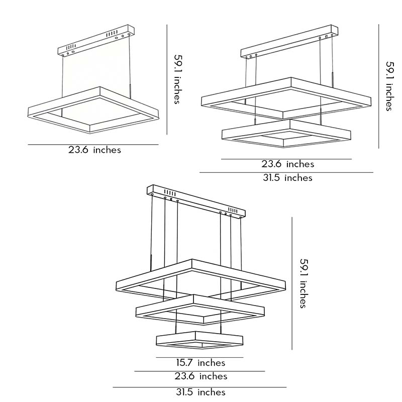 Detailed size charts of three different sizes of the Ring Square Chandelier.