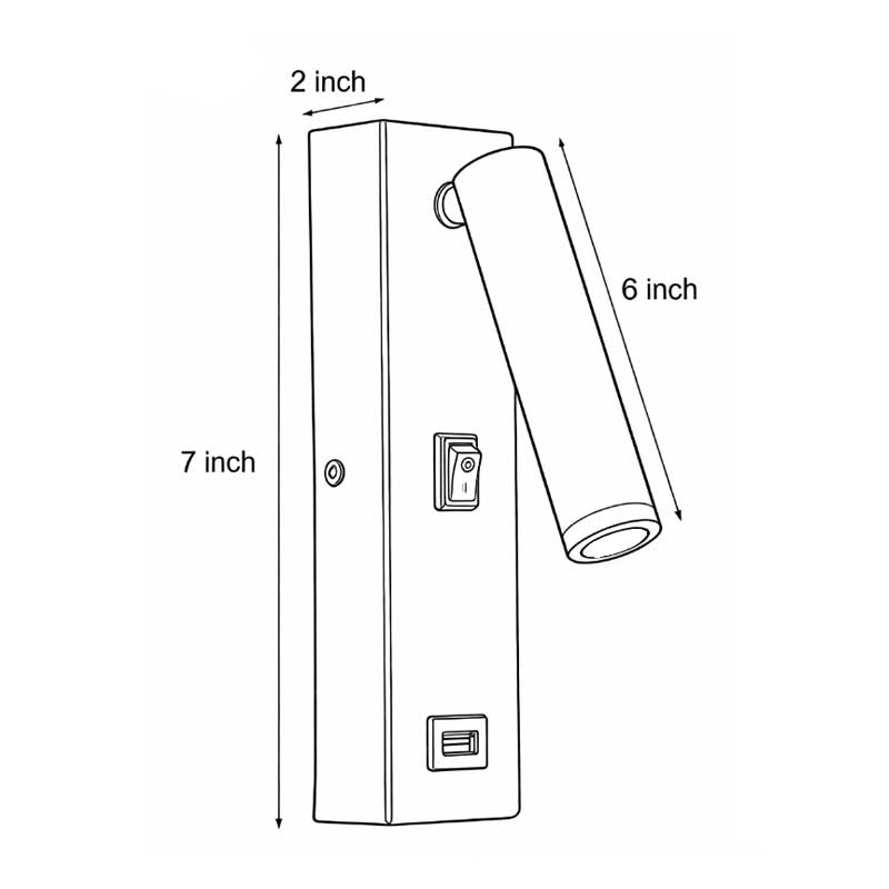 Product dimension diagram for wall lamp with USB charger 6inch * 7inch * 2inch.