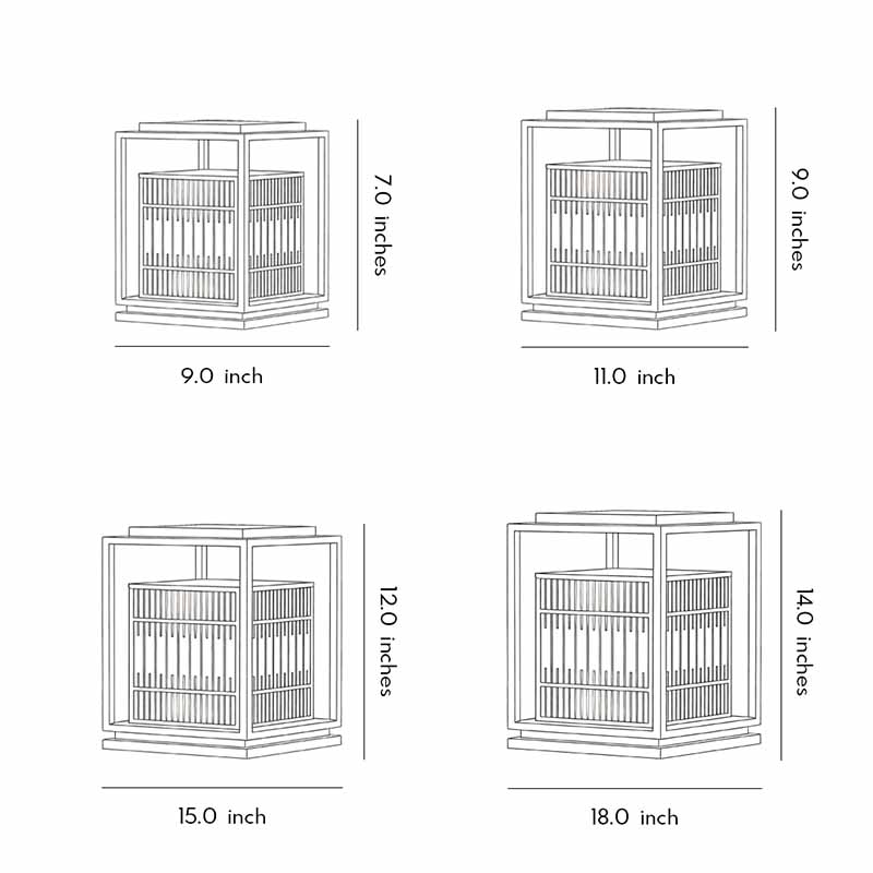 Detailed Size Charts of Four Different Sizes of Bowlard Path Lights.