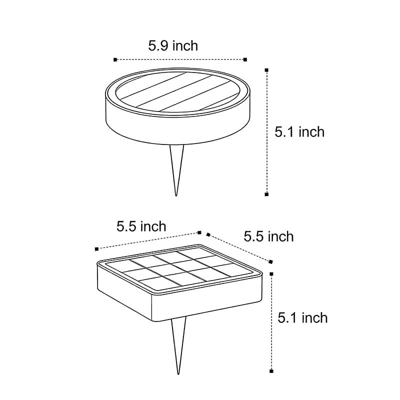 Product structure diagrams for two different styles of ground solar lights.