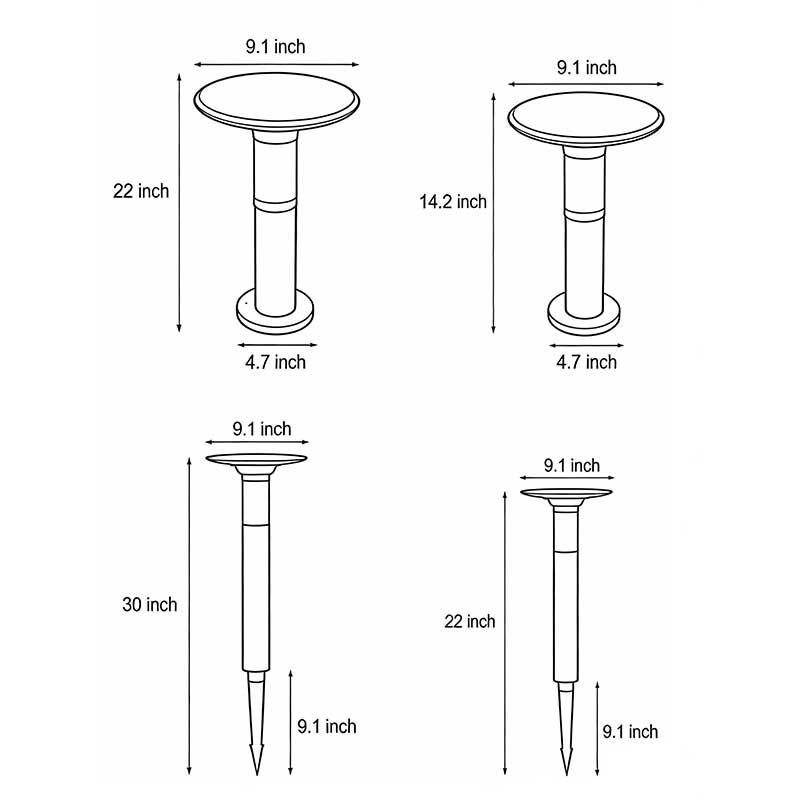 Detailed size charts of four different sizes of black brass path lights.