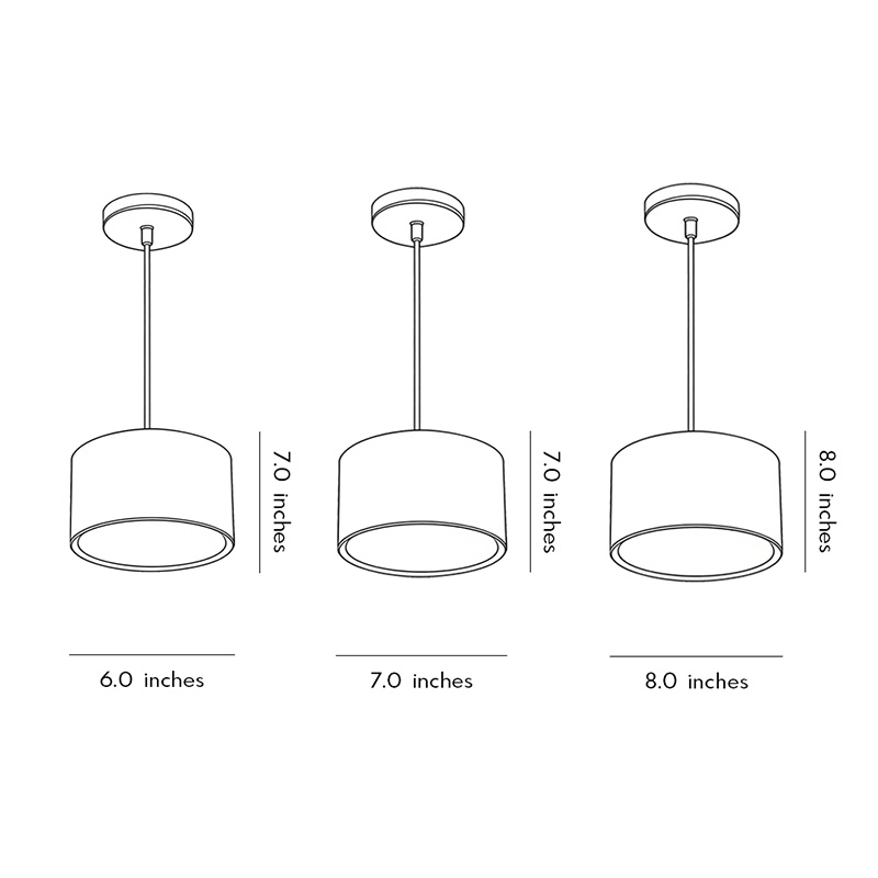 Product size diagrams for three different sizes of black drum pendant lights.