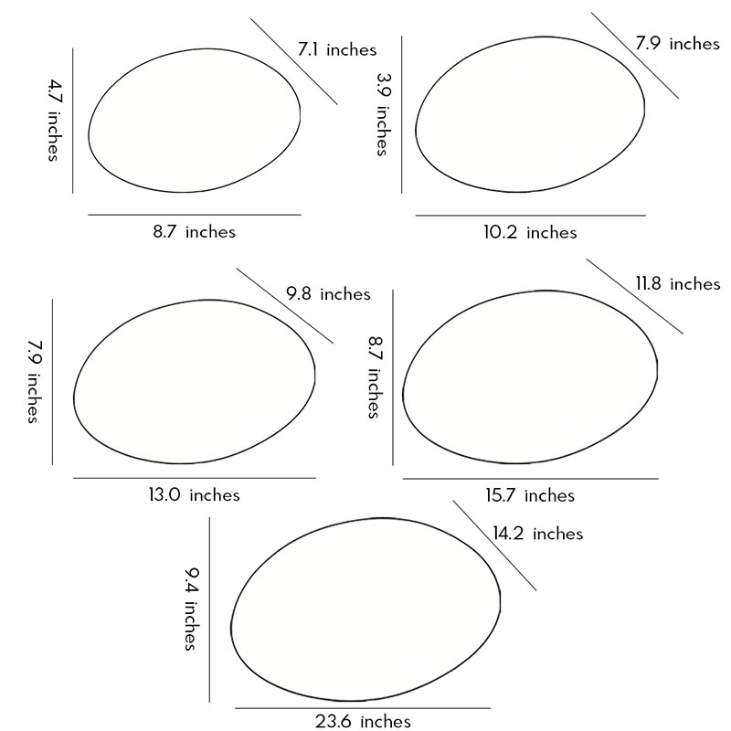 Detailed size charts of five different sizes of Pebble garden lights.
