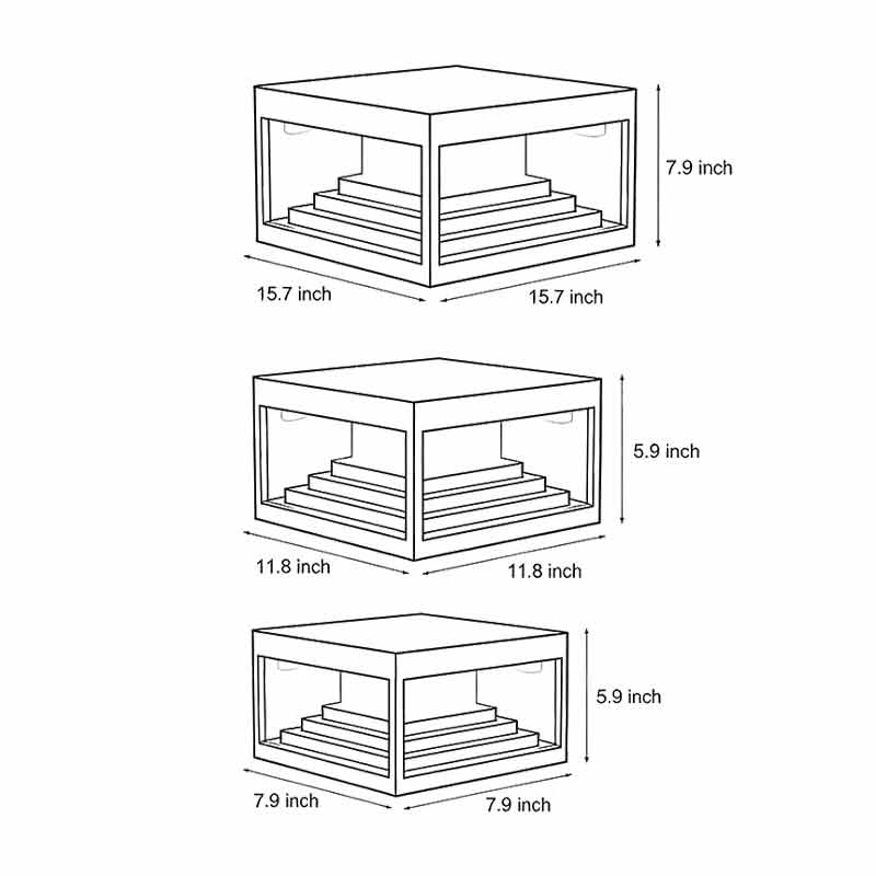 Product size diagrams for three different sizes of square pillar lights.