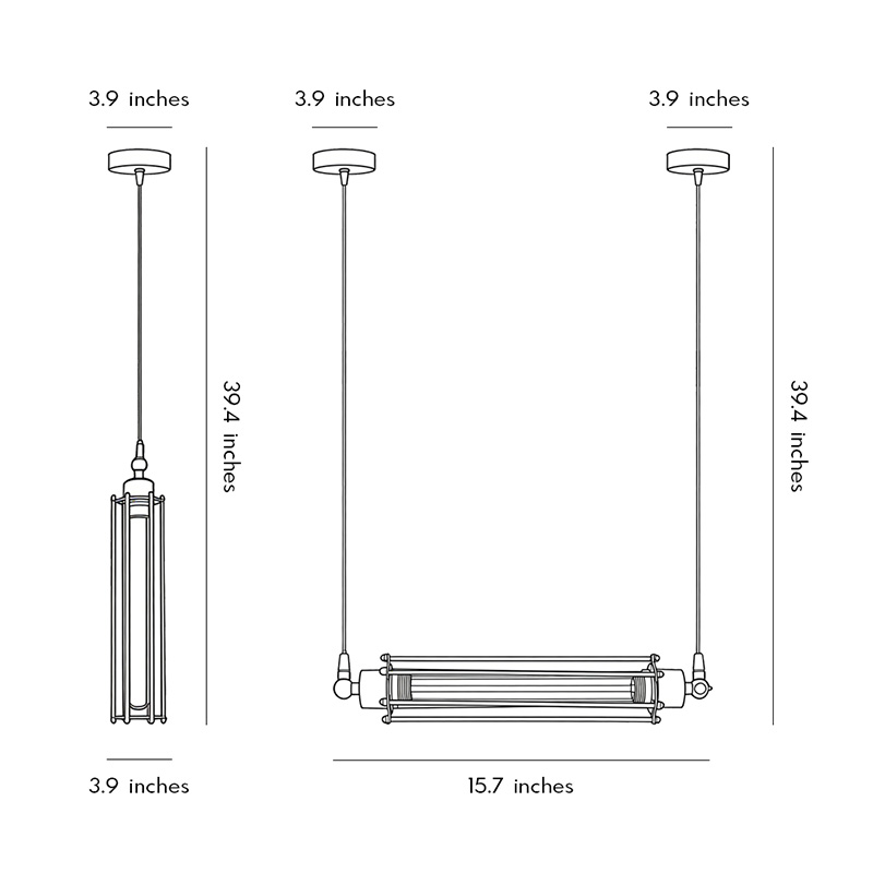 Product size diagrams of two different sizes of tube pendant lights.