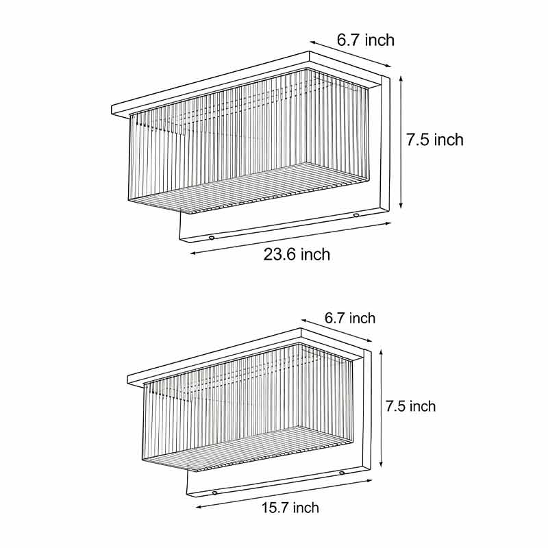 Product size chart for two different sizes of reeded acrylic sconces.