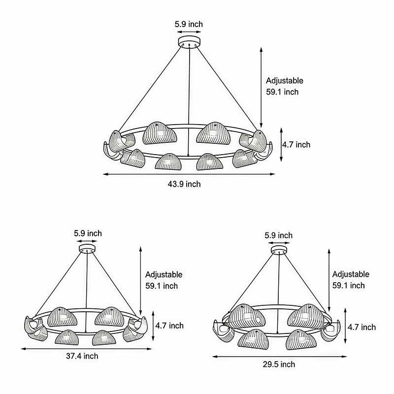 Product size chart for glass ring chandelier in different sizes.