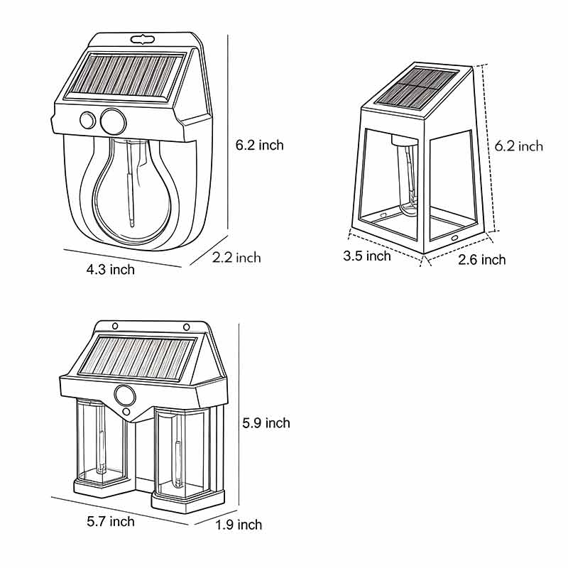 Product size chart for three different sizes of wall mount solar lanterns.