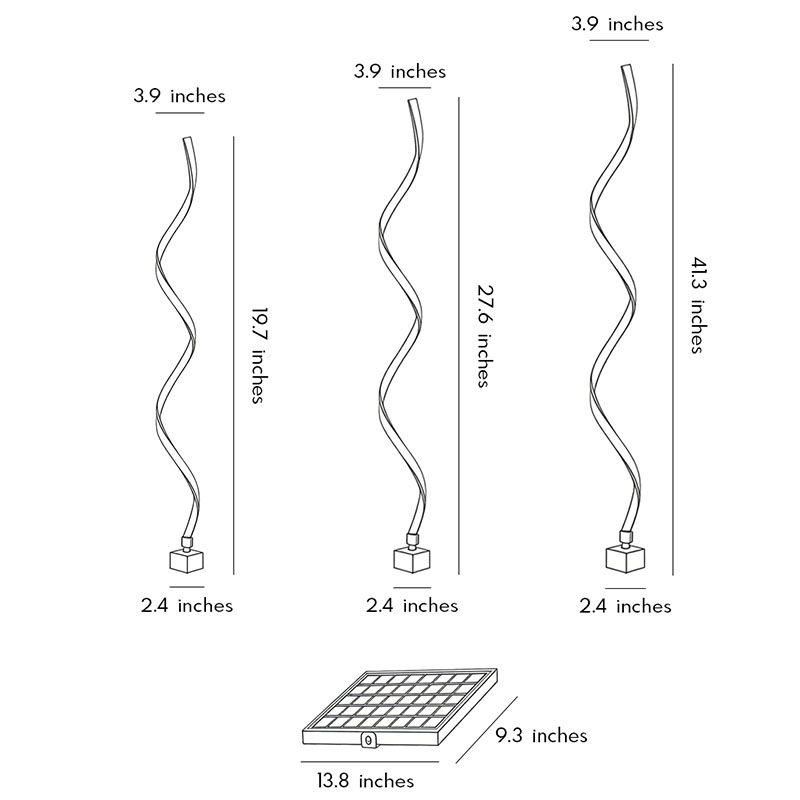 Detailed size diagrams of three different sizes of spiral led path lights.