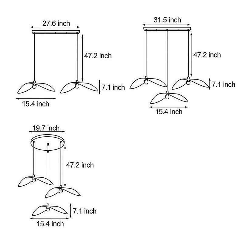 Product size diagrams for three different sizes of curved wood pendant lights.