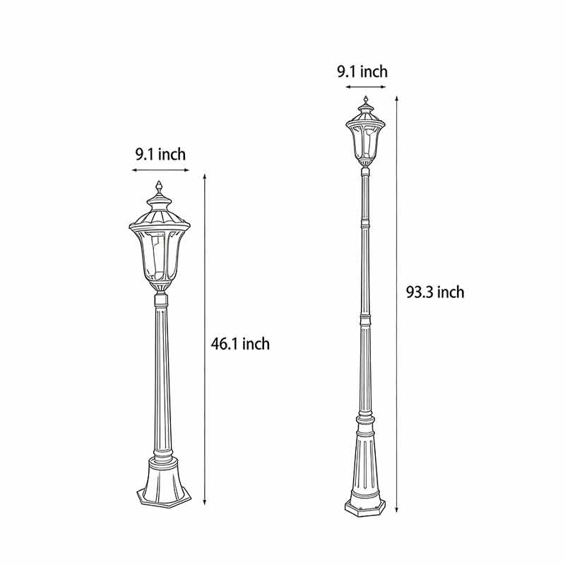 Product size diagrams for two different sizes of bronze street lamps.